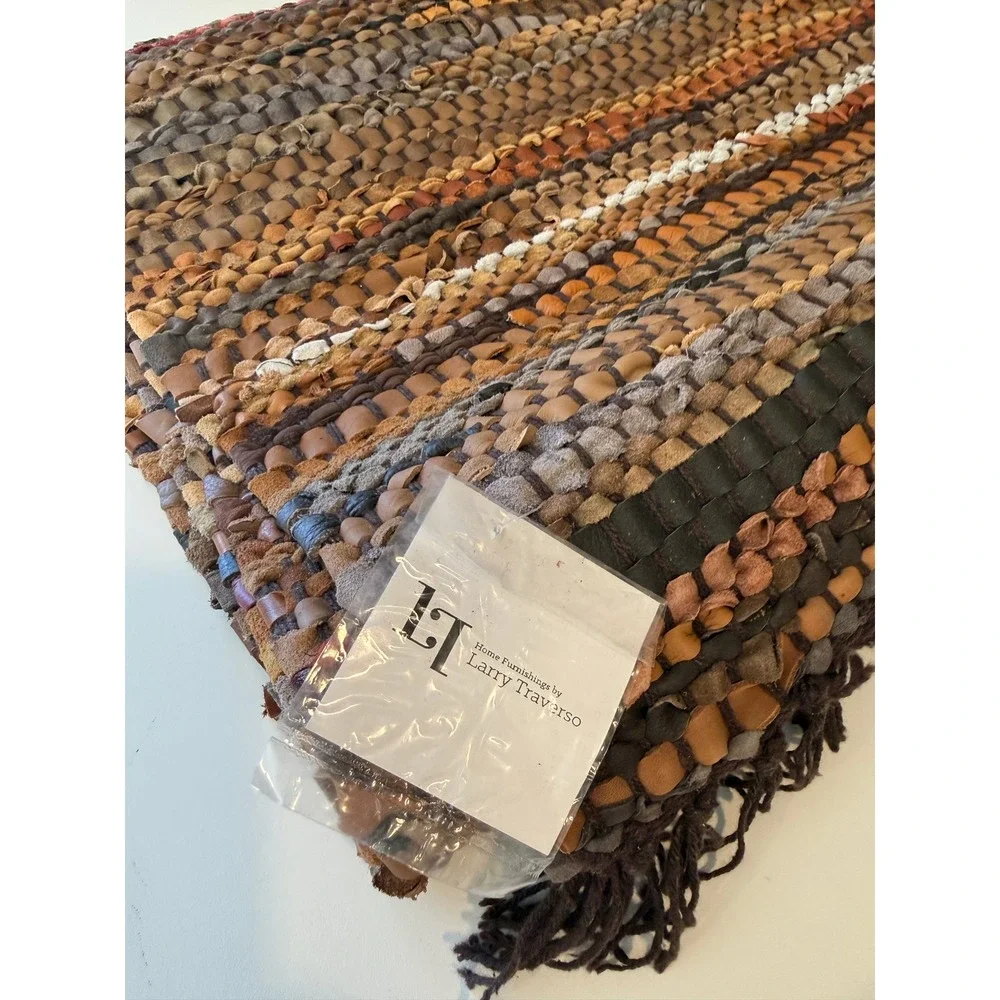 Larry Traverso Tucson Woven Leather Table Runner 18x96 Brown Striped Fringed NEW